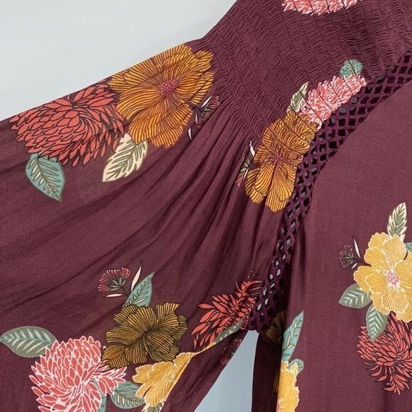 LOFT Burgundy Floral Long Sleeve Key Hole Back Blouse Ruched Crochet Lace Flowy - Picture 3 of 15